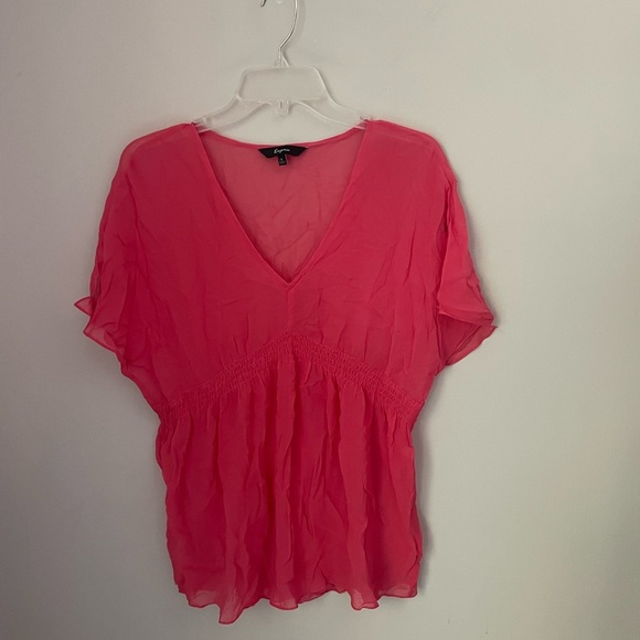 Express Y2K (2007) Vibrant Pink 100% Silk Babydoll Blouse Size Large - Picture 1 of 7